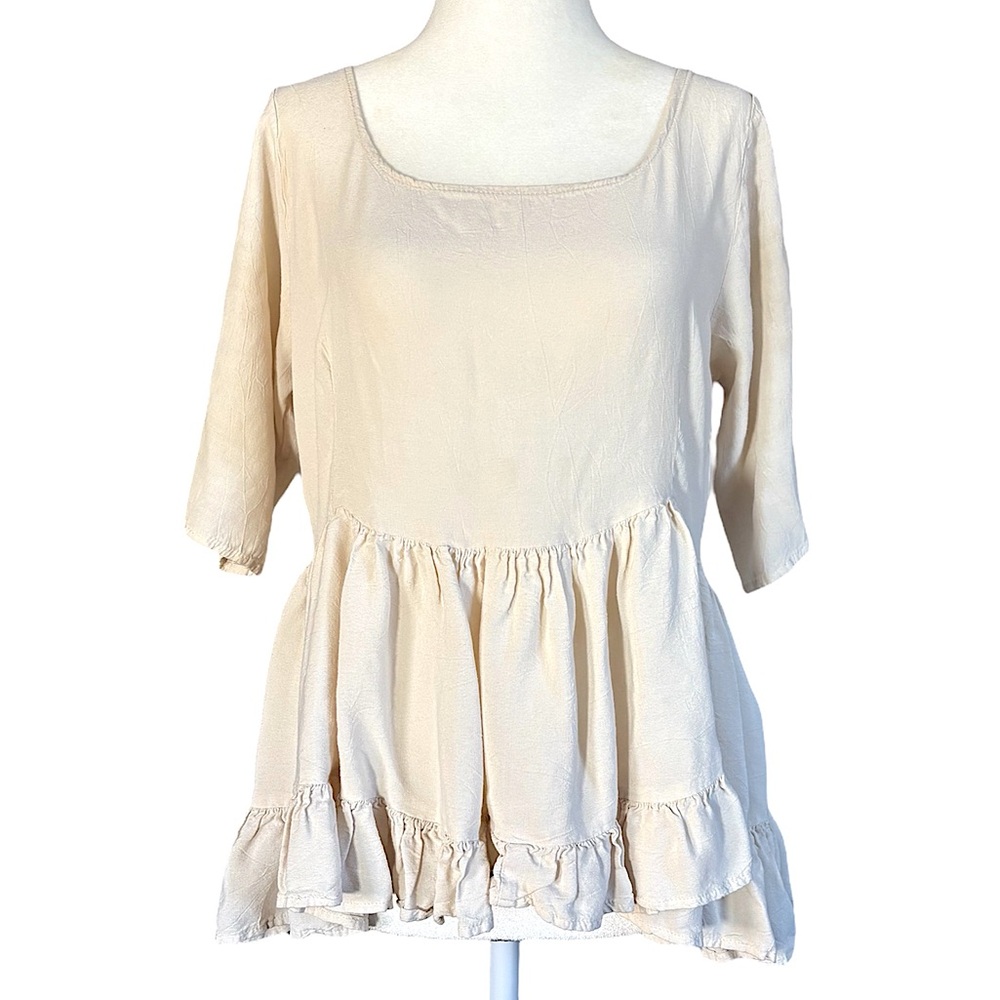 Alexander Brown Vintage 90s Ruffled Babydoll Beige Short Sleeve Blouse Top OS